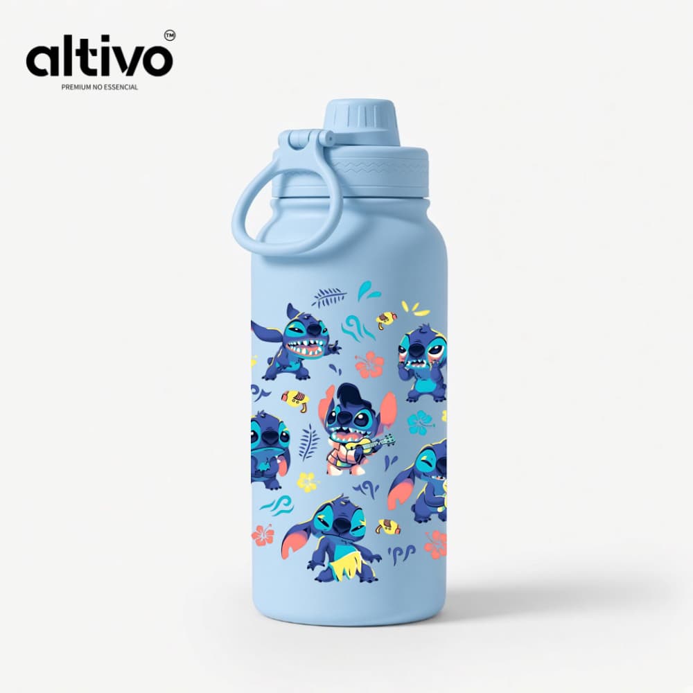 Garrafa Térmica Disney Stitch Verão 600ML com Tampa Rosqueável e Alça em Aço Inoxidável