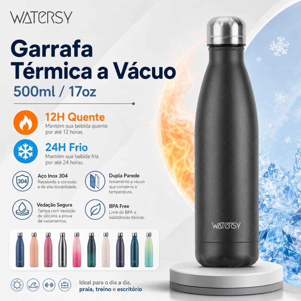 Watersy Garrafa Térmica 500ml Frio 24Horas Garrafa de água inox 304 Com Tampa Copo Térmico Portátil