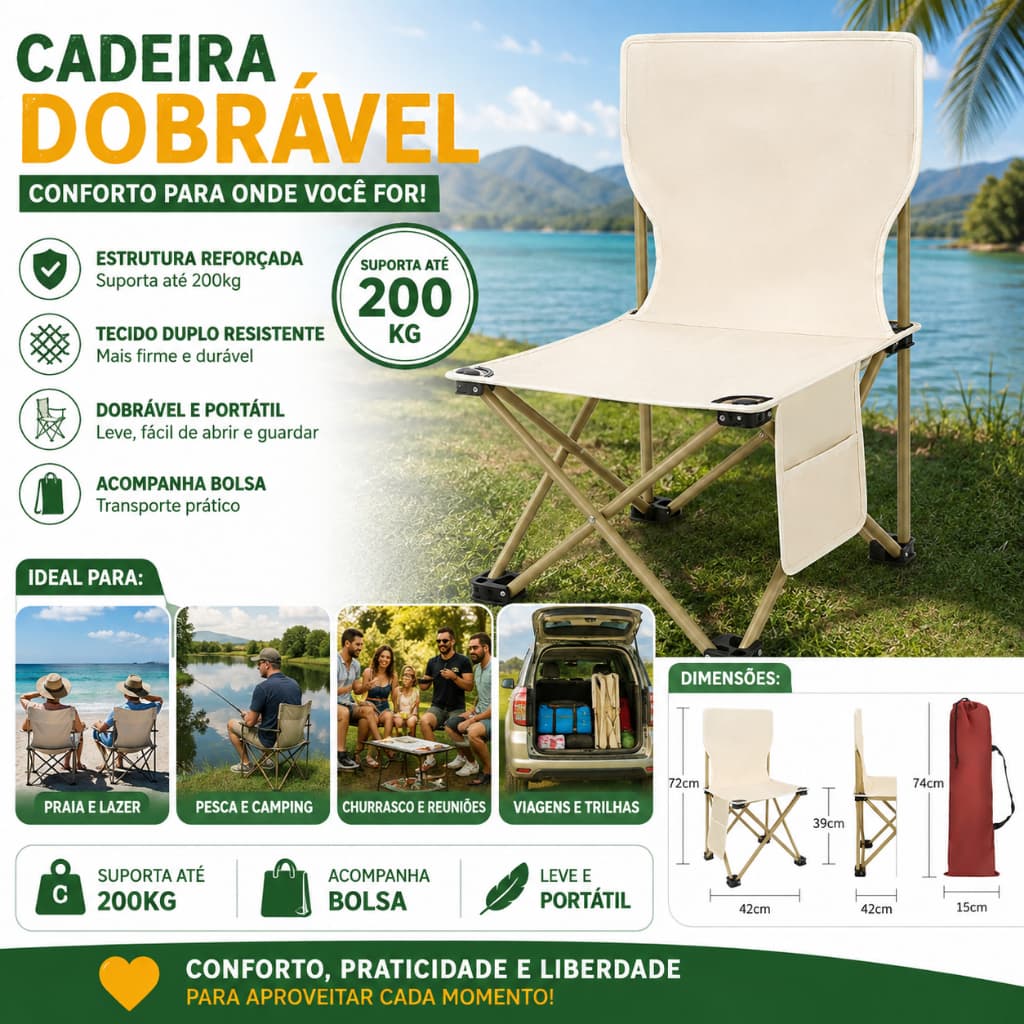 Conjunto de cadeiras dobráveis ​​portáteis, adequadas para pesca, camping e praia, com encosto.