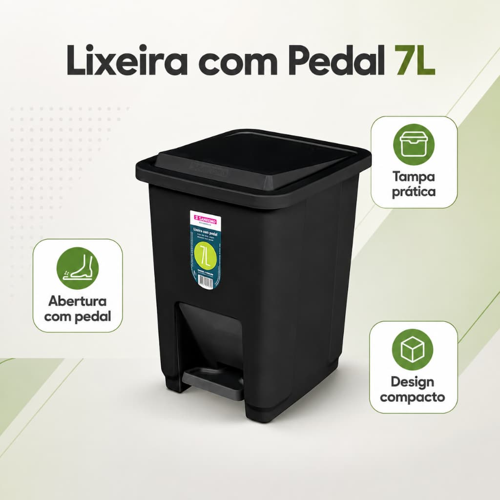 Lixeira Plástica Preta 7 Litros com Pedal Tampa Abertura Higiênica para Banheiro Cozinha Escritório Quarto