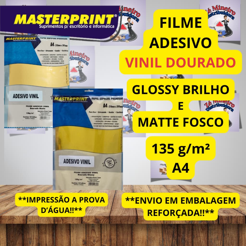 Vinil Adesivo Dourado 135g A4 p/ Jato de Tinta Brilho e Fosco Resistente A Prova d'água Masterprint