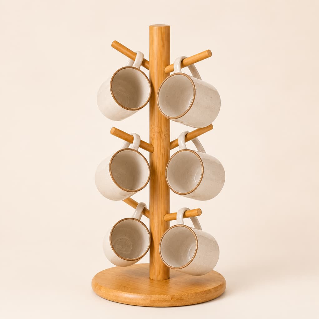Suporte Organizador de Xícaras de Bambu Porta Canecas Decoração Cantinho Café Cozinha