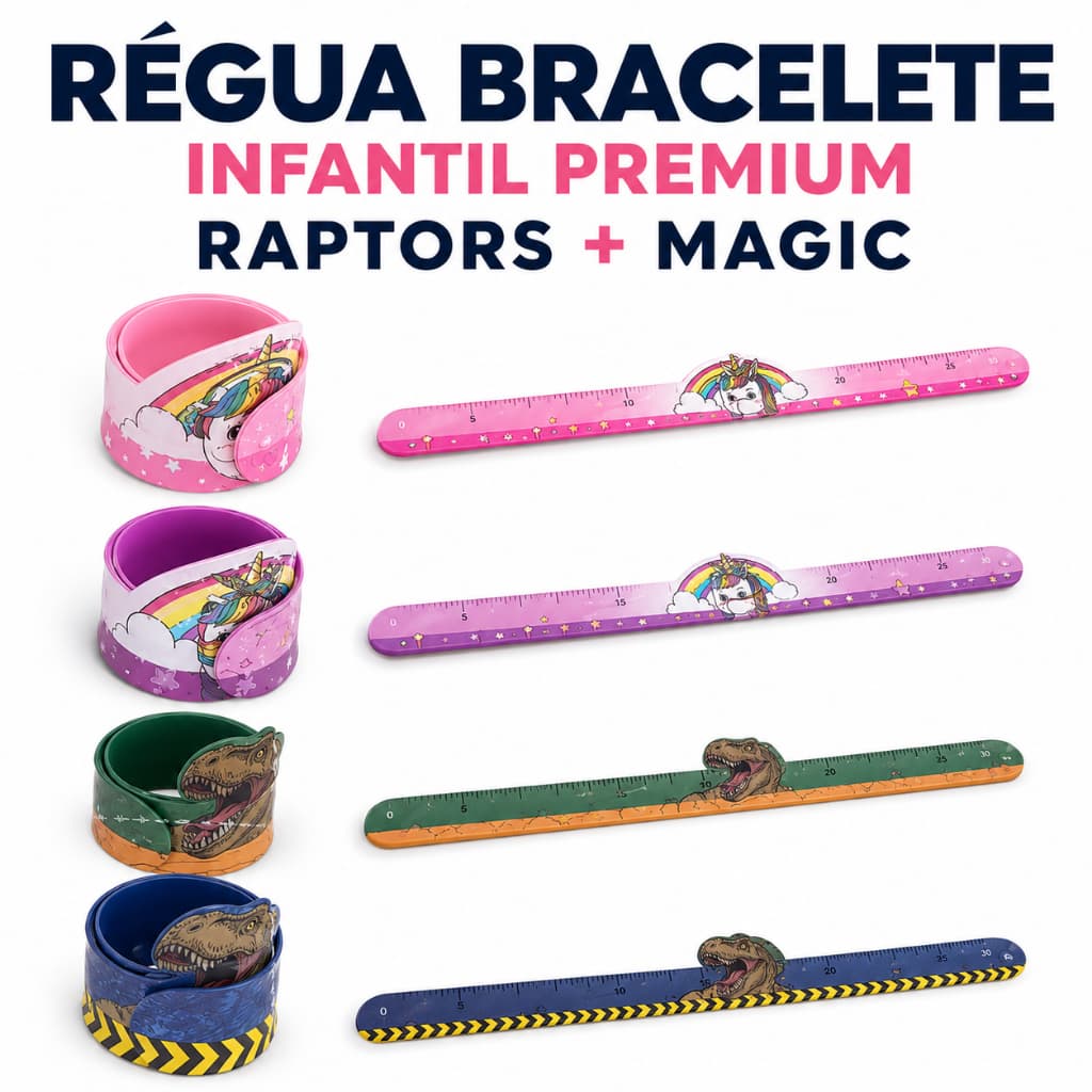 Régua Bracelete Infantil 30cm em Silicone Dinossauro Unicórnio Divertido Brinquedo Escolar Varias Estampas Magic Raptors