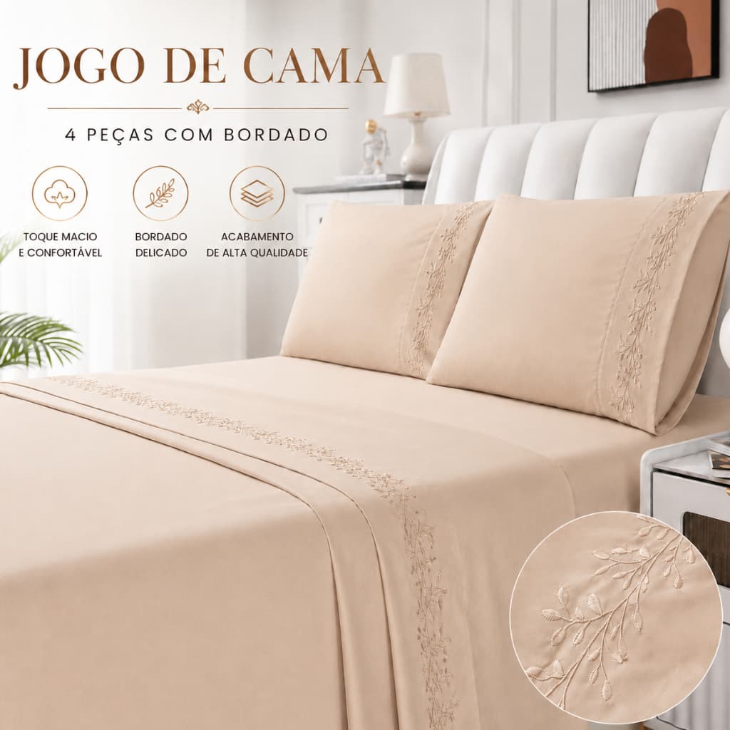 Jogo de Cama Bordado 4 Peças Delicata Lençol c/ elástico, Sobre Lençol, 2 Fronhas 300 Fios