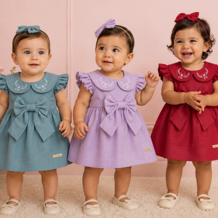 Vestido para bebe meninas com laço para amarração charmoso e estiloso vestido mangas com babado