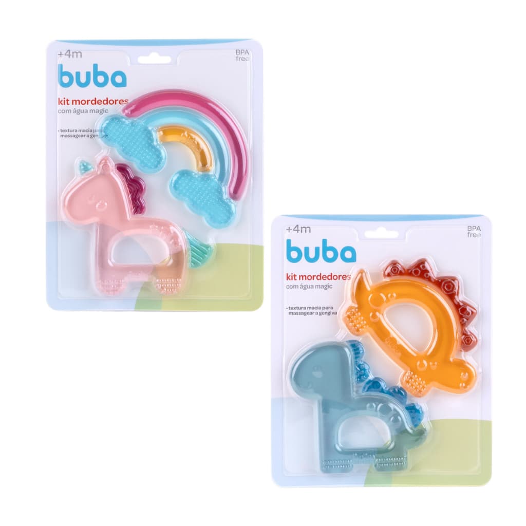 Kit 2 Mordedores com Água Buba Refrigerável  Dino e Unicórnio