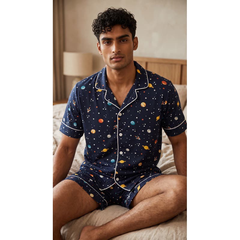 Conjunto De Pijama Curto Masculino, Estampa Iuxuosa Para O Conforto Do Verão - Pijama Casual Premium