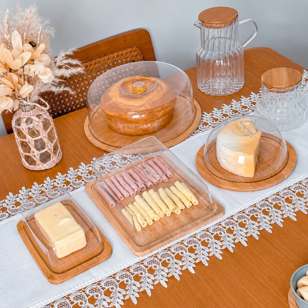 Kit Café da Manhã BAMBU 6 Itens:Boleira +  Manteigueira + Porta Frios + Porta Queijo + 2 Jarras