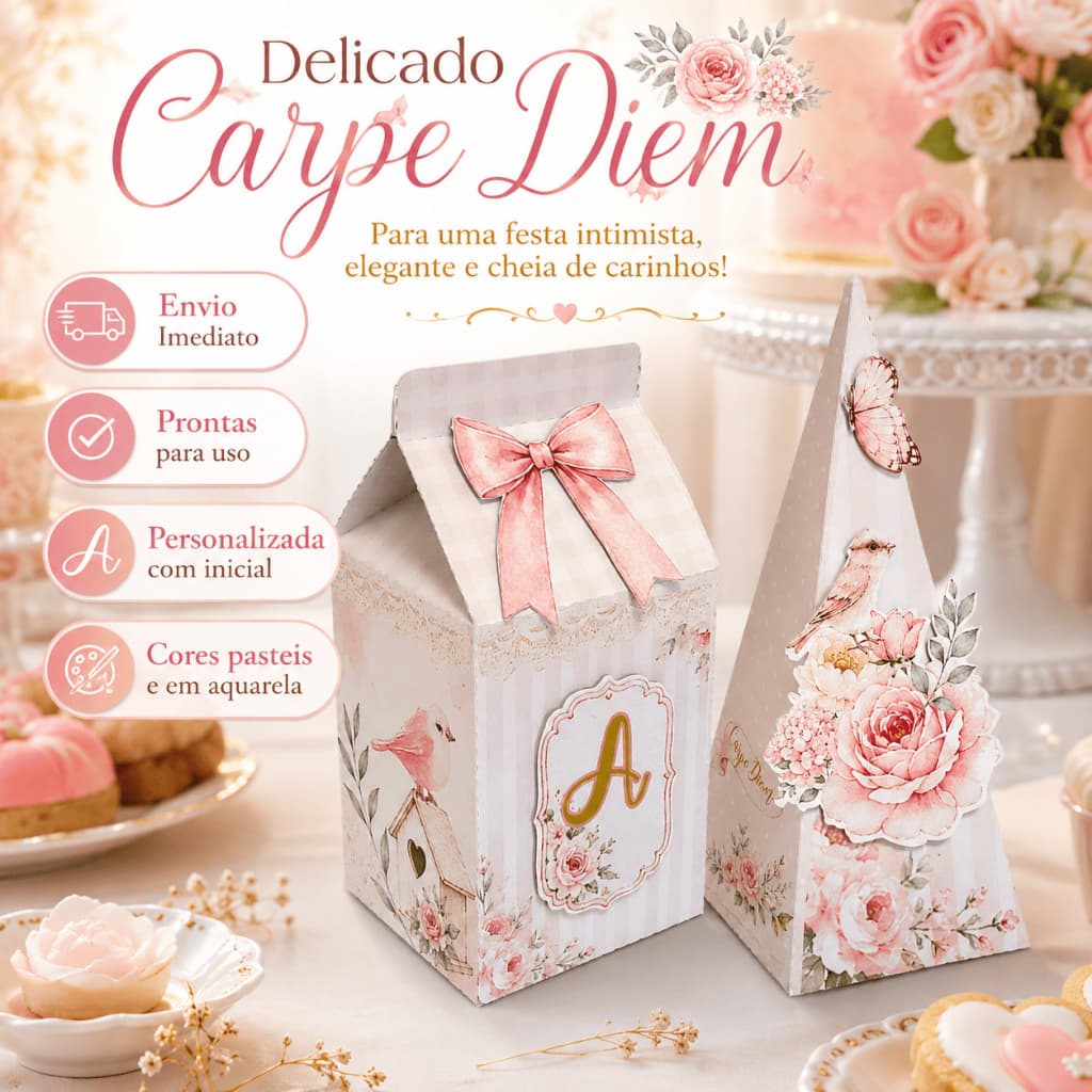 Kit Caixa Milk + Pirâmide Personalizada Delicado Carpe Diem | Festa Elegante em Tons Pastel | Prontas para Uso