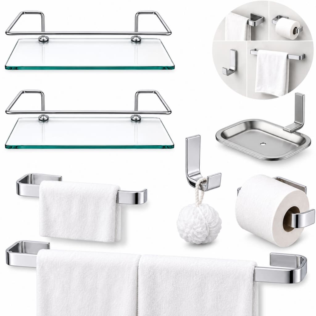 Kit Acessórios Banheiro 5 Peças Inox Cromado + 2 Porta Shampoo Organizador Prateleira Vidro Reto