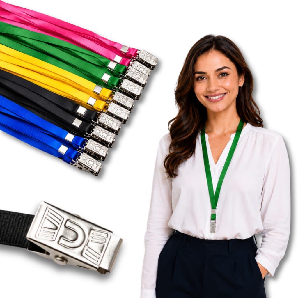 50 Cordões Porta Crachá Clips Garra Jacaré Metal Lanyard Suporte Kit Cordão Cores