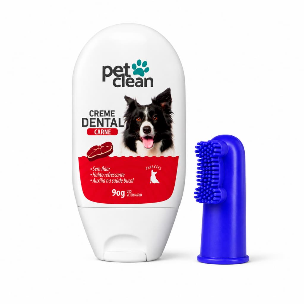 Kit Creme Dental Pasta de Dente para Cachorro e Gato 90g + Escova Dedeira Sortida Pet Clean