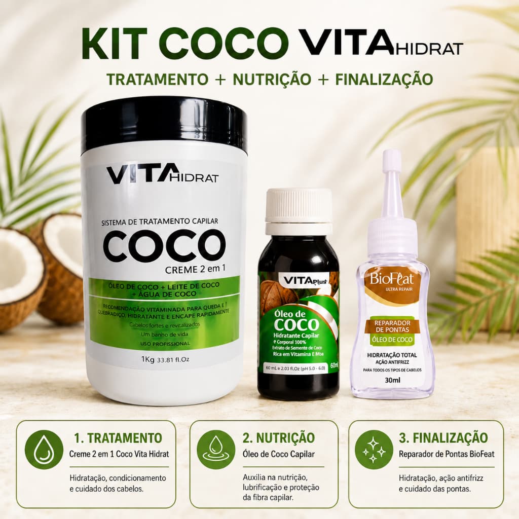 Kit Tratamento Capilar Coco 3 Itens Creme 2 Em 1 1kg Óleo 60ml E Reparador De Pontas 30ml