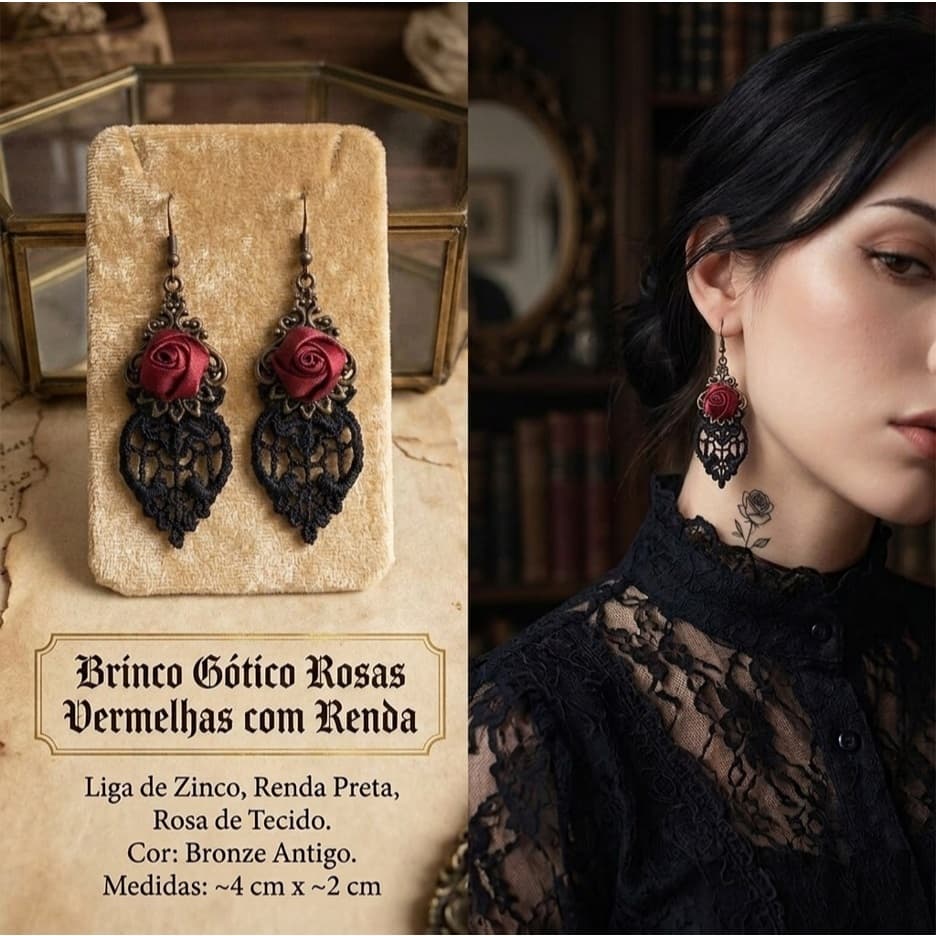 Brinco Gótico Rosas Vermelhas com Renda Vitoriano Vampiro Halloween ~