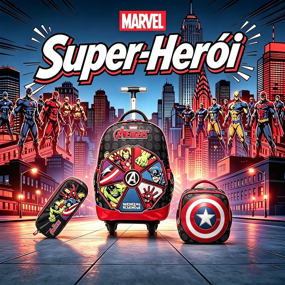 Marvel Mochila Com Rodas Com Motivos Dos Vingadores Incluindo Lancheira Térmica E Estojo
