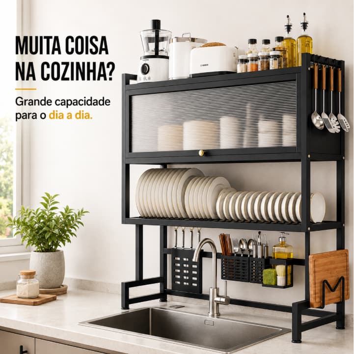Escorredor de Louças Sobre Pia Aço Carbono Organizador Grande para Pratos e Utensílios