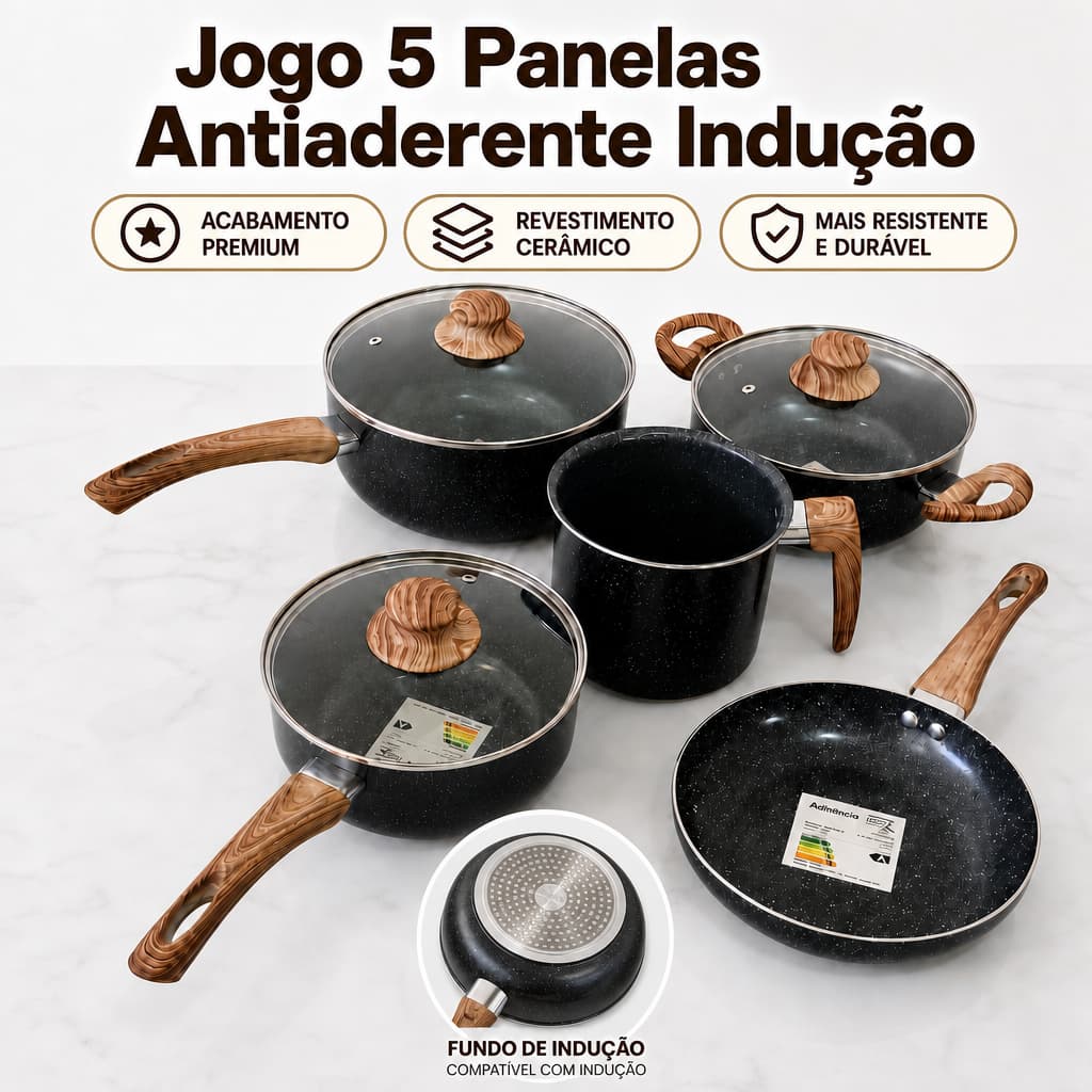 Jogo 5 Panelas Cerâmica Indução Antiaderente Tampa Vidro