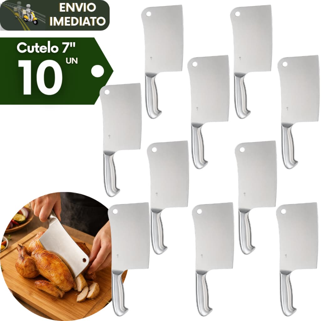 Kit 10 Faca Cutelo Machado 7 Polegada Aço Escovado Cortes Robusto Ideal Cozinha Churrascaria Açougue