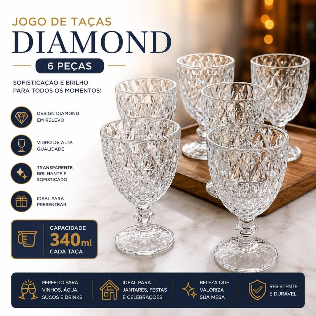 Jogo de Taças Diamond 6 Peças 340ml em Vidro Transparente – Taças para Vinho, Água, Suco e Drinks
