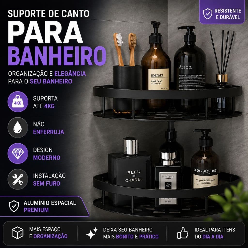Suporte de Canto para Banheiro Organizador Sem Furo Prateleira de Alumínio para Shampoo Sabonete