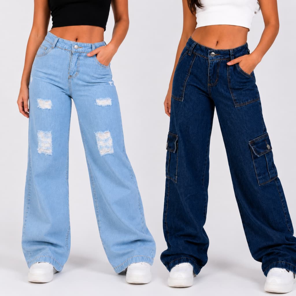 Combo calça cargo + Pantalona jeans wide leg Menina blogueirinha Juvenil 10 ao 16 anos com bolsos