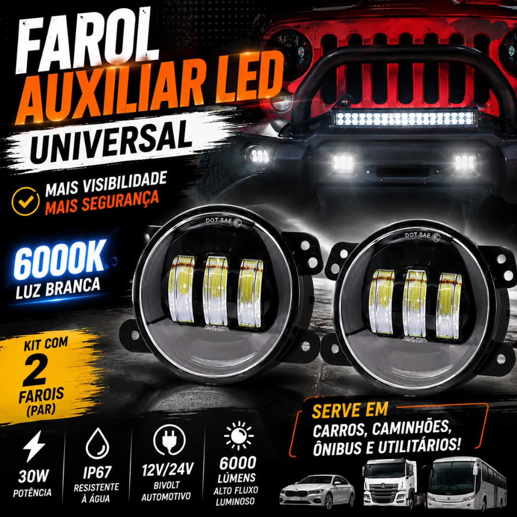2 Farol milha LED Redondo 3,5 Polegadas 6000K 30W Universal 12V 24V + SUPORTE