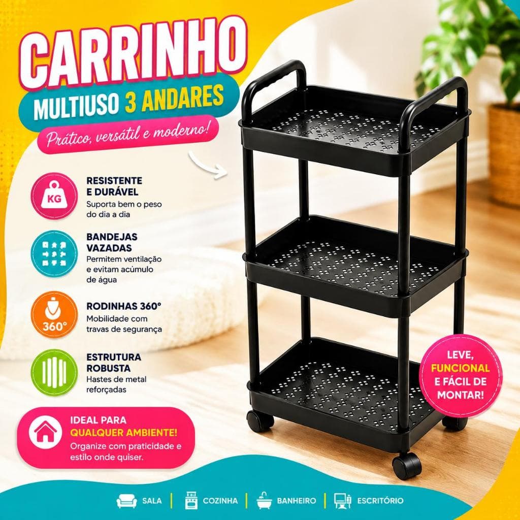 Organizador Para Banheiro ou Cozinha Sala 3 Andares Prateleira Grande Com Rodinhas E 3 Ganchos Plástico