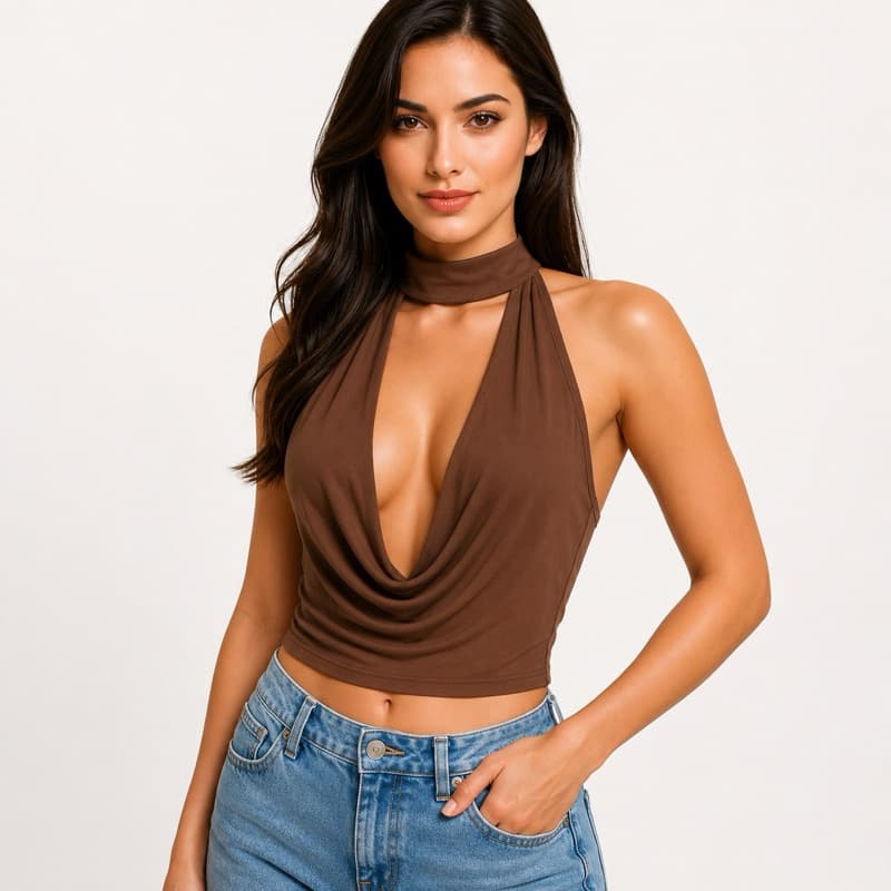 Blusa Cropped Frente Única Gola Alta com Decote Drapeado - Regata Fashion Elegante