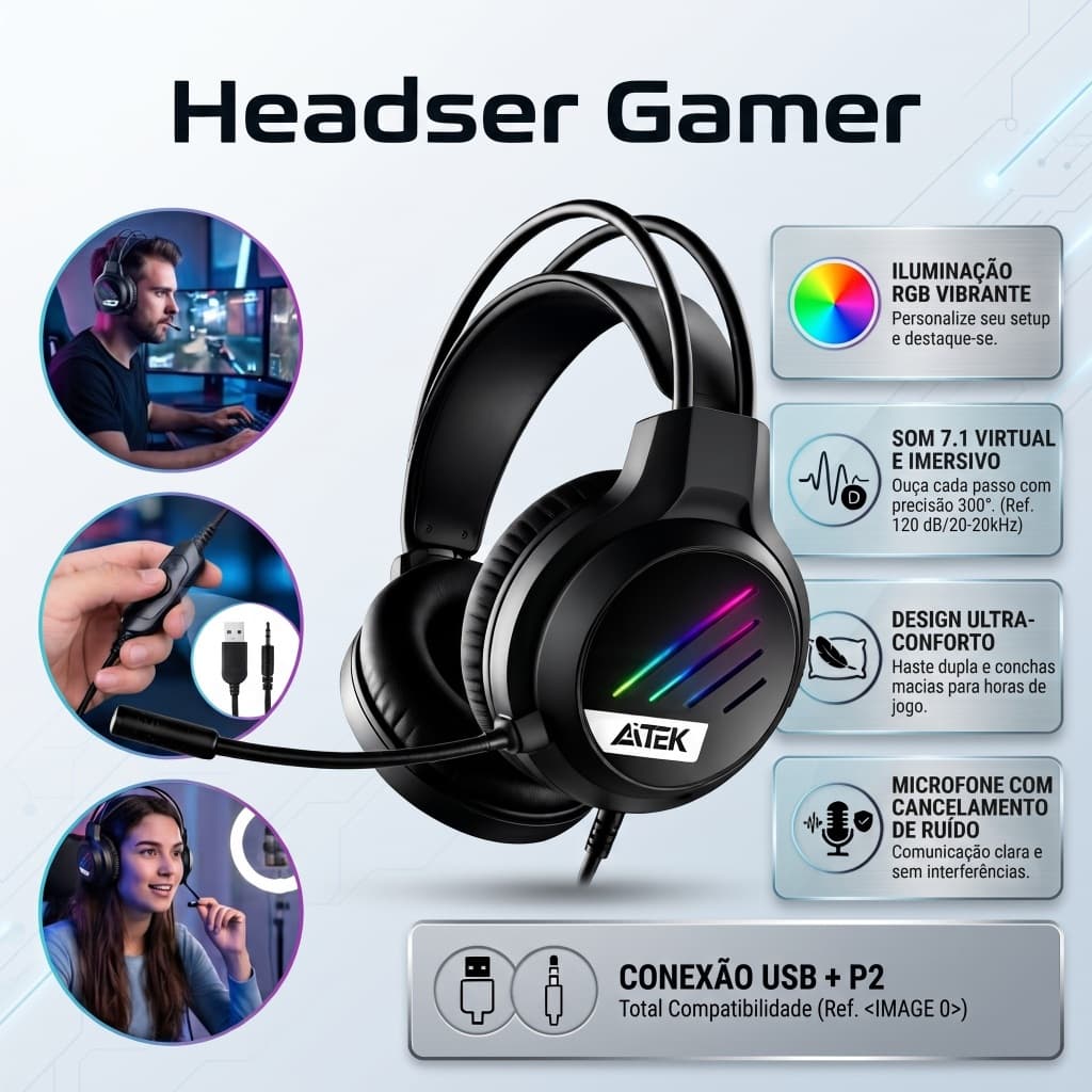 Headset Gamer RGB F5216 com Microfone Ajustável, Fone Gamer com Fio USB P2 3,5mm para PC PS4 PS5 Xbox