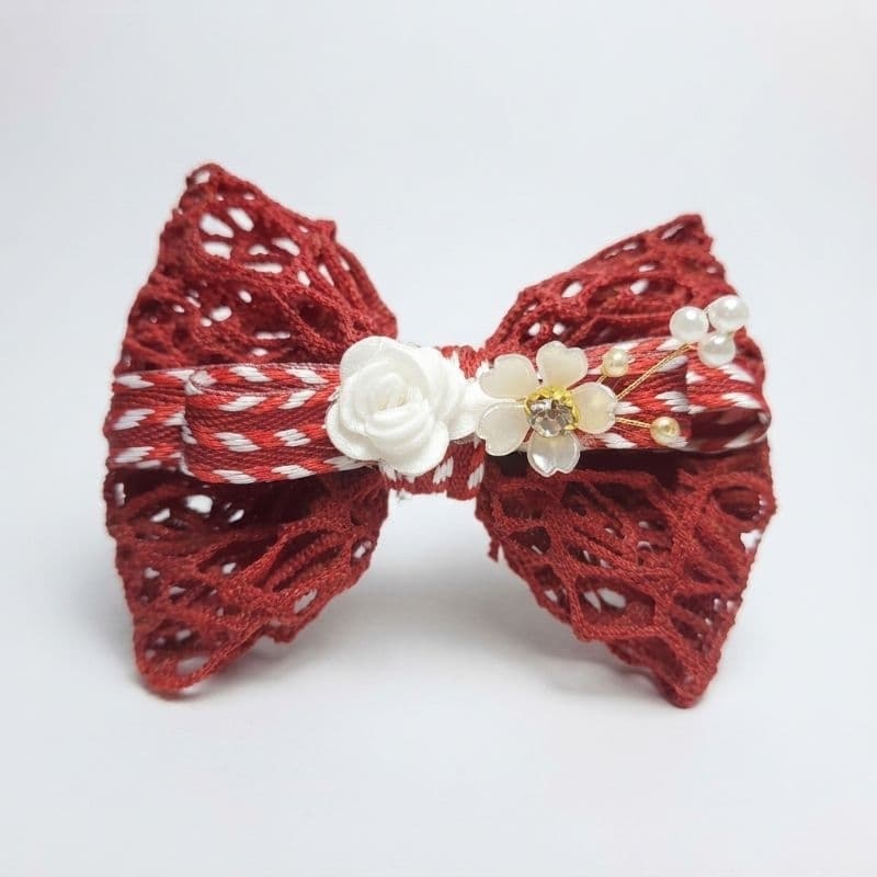 Laço Vermelho Infantil em Malha Arrastão com Flores e Pérolas | Bico de Pato