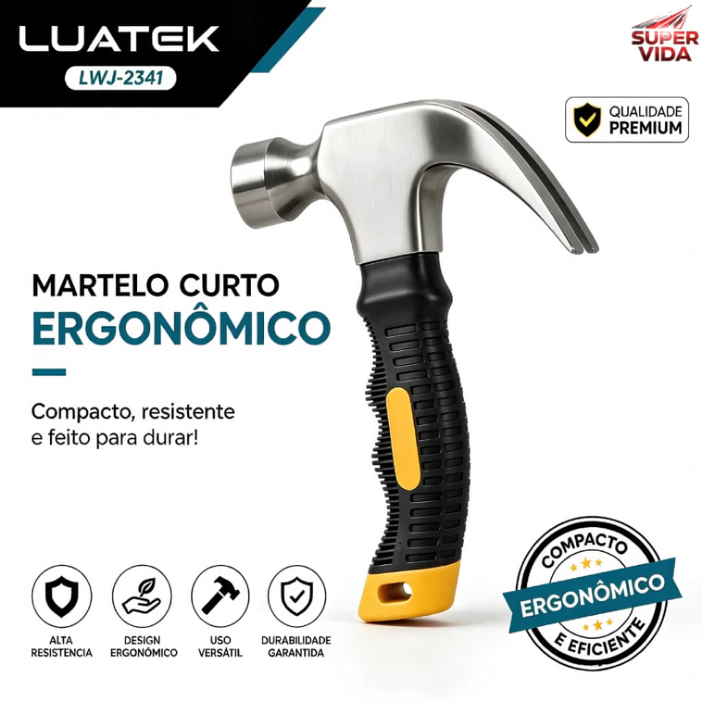 Mini Martelo Unha Cabo Curto Emborrachado Ergonômico Profissional Resistente para Reparos Montagem