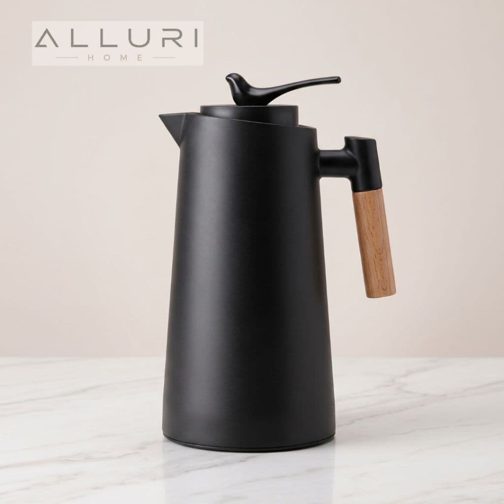 Garrafa Térmica Pássaro Art House 1 Litro Ampola de Vidro Cabo Madeira Preta para Café e Chá