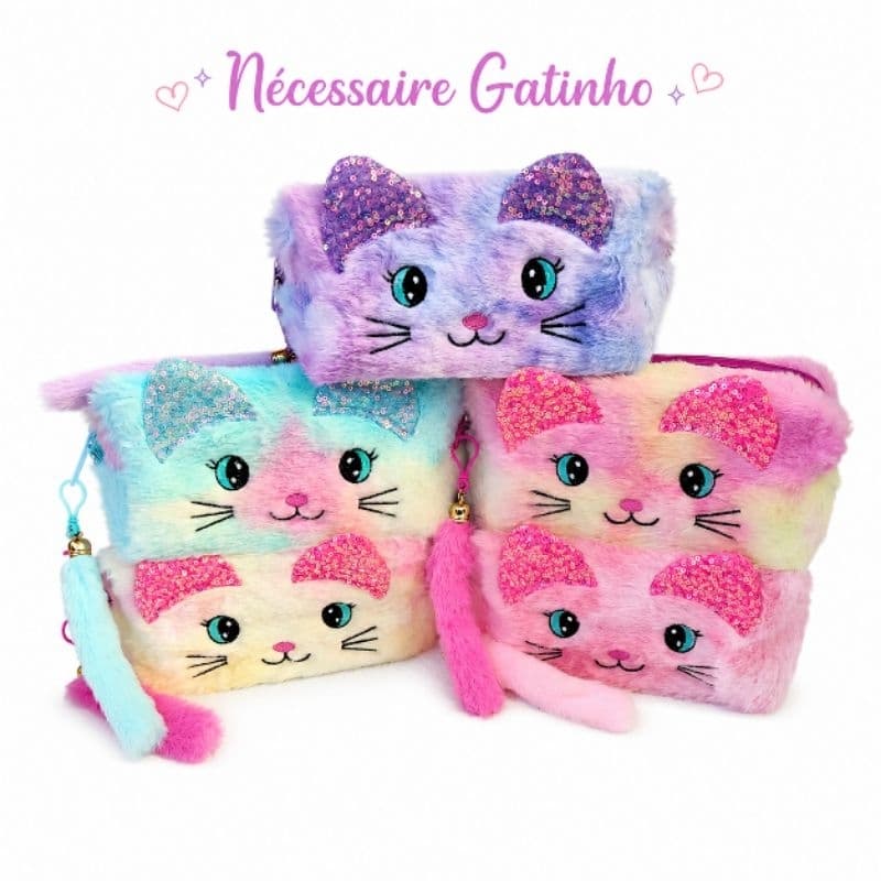 Nécessaire Gatinho Pelúcia Fofa com Orelhinhas de Lantejoulas e Puxador de Pelúcia