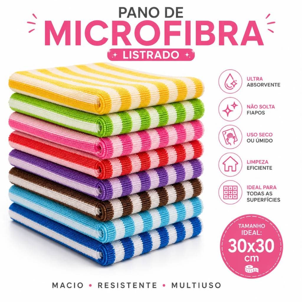 Panos De Limpeza Microfibra alta absorção Multiuso 30x30 para cozinha carro casa vidros