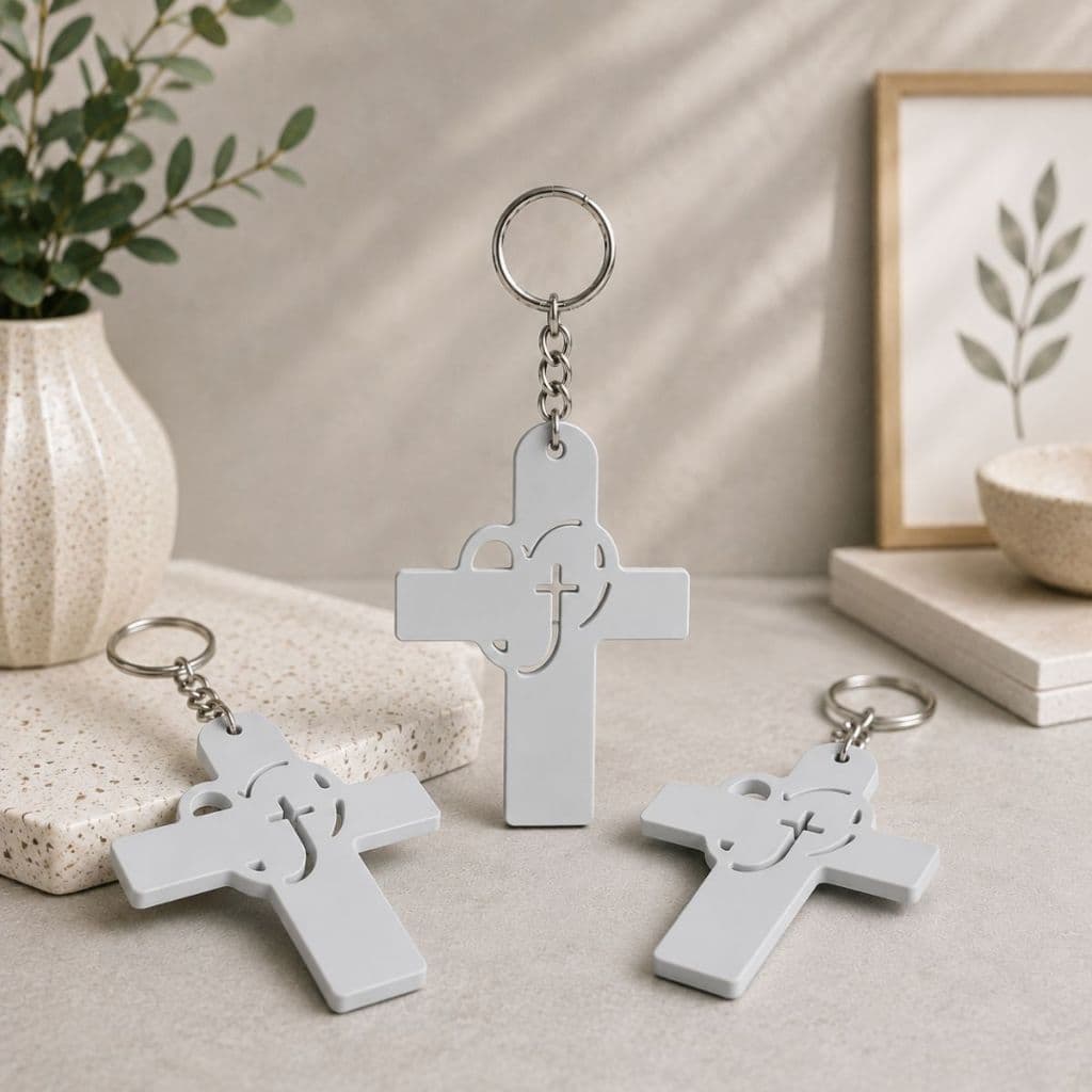 3 Chaveiro Cruz com Coração Cinza Proteção Fé Presente Religioso Envio Imediato