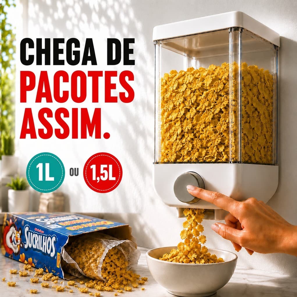 Dispenser Suspenso Porta Grãos Cereais Ração • Pote 1L/1,5L Organizador Dosador de Parede Sem Furos