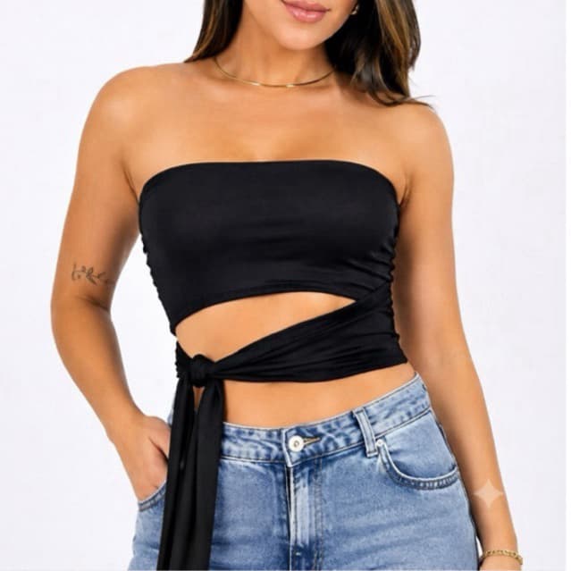 Top Faixa Feminino Tomara que Caia Transpassado com Amarração