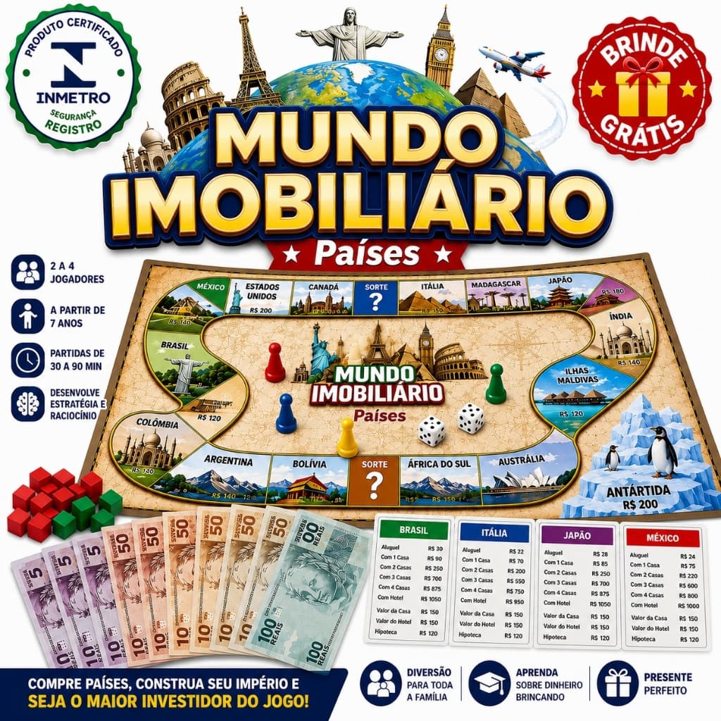 Jogo de Tabuleiro Banco Imobiliário Mundo Imobiliário Educativo Infantil Família 2 a 4 Jogadores