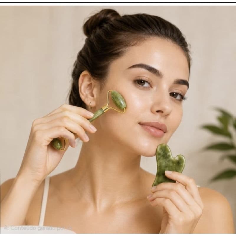 Rolo de Jade e Placa Gua Sha para Massagem Facial