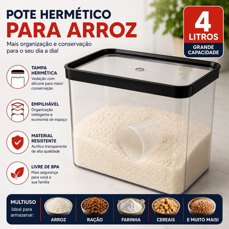 Pote Hermético 4 Litros Para Arroz Ração Mantimentos