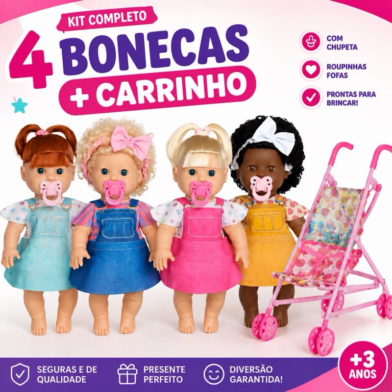 Kit Bonecas Negra Boneca Loira Boneca Com Carrinho Mamadeira e Chupeta