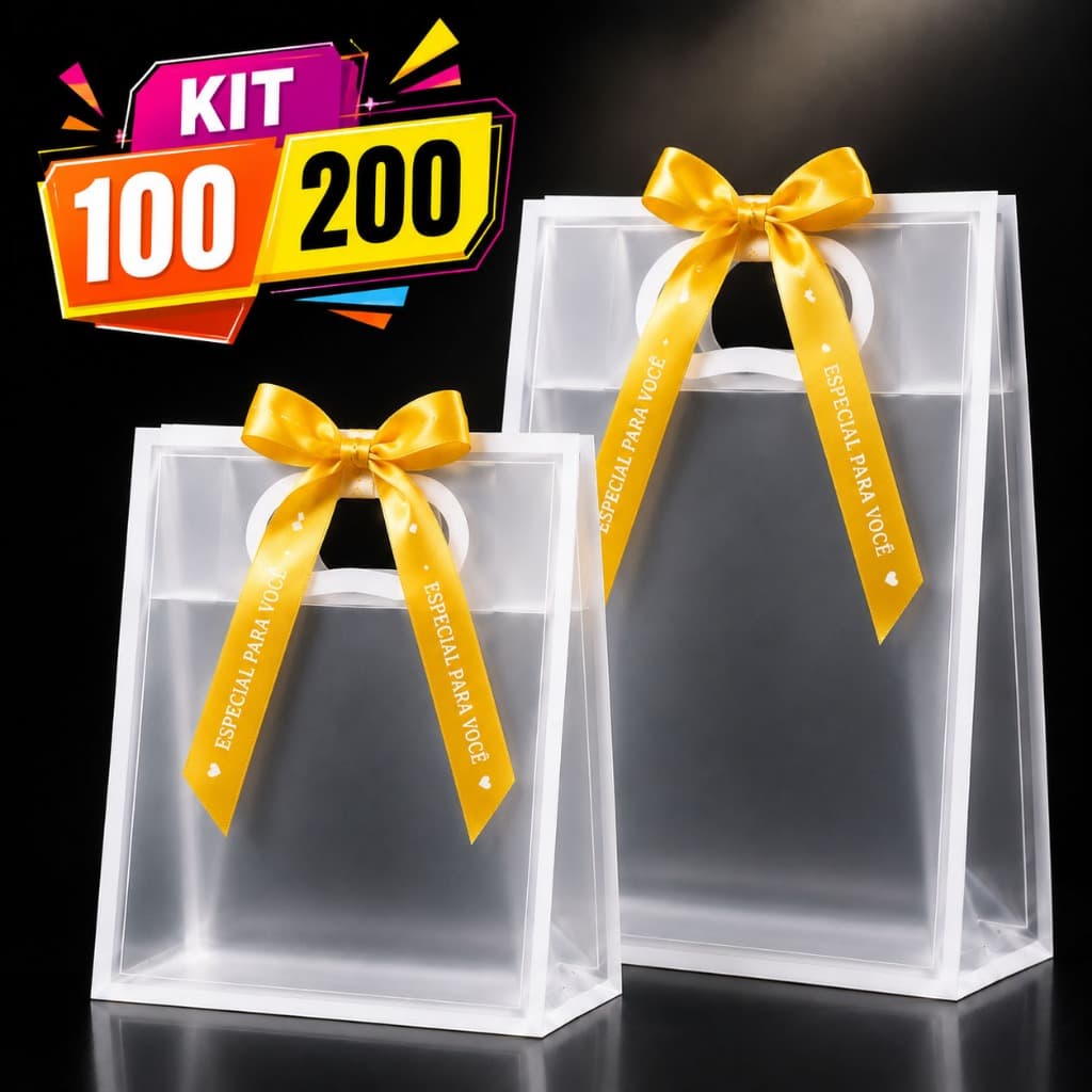 Kit 100/200 unidades Sacolas de Presente PVC Transparente para Lembrancinhas Aniversário Batizado Natal