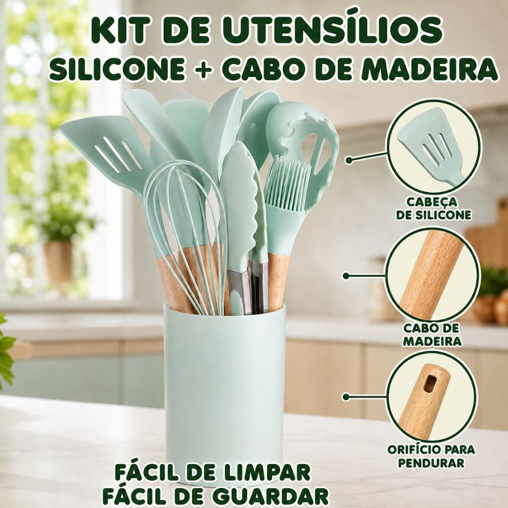 Kit Utensílios de Silicone 12 Peças, Espátulas, Colheres e Pinças com Cabo de Madeira, Sem BPA, Resistente ao Calor, par