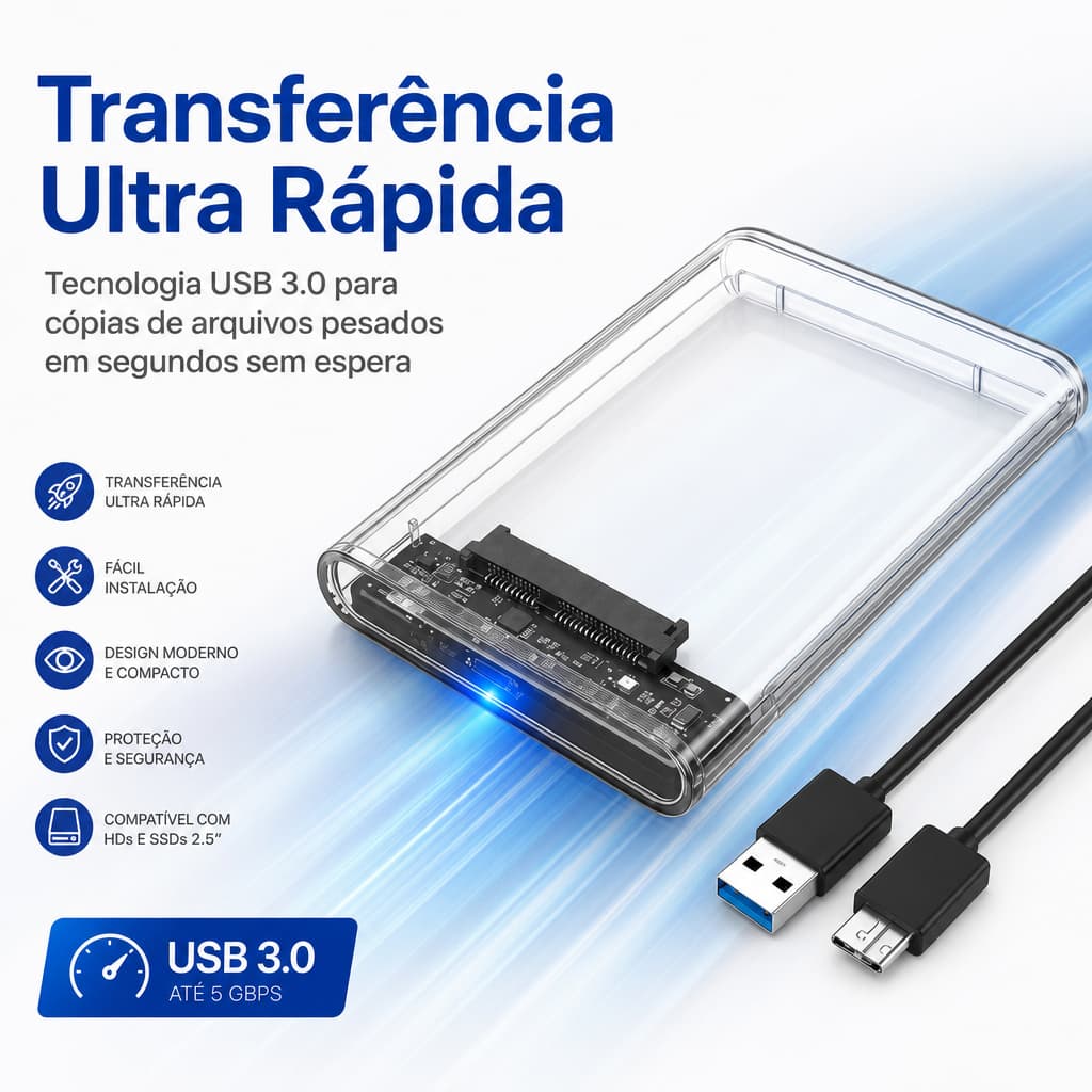 Case para HD transparente, Usb 3.0, transmissão 6gbps, Sata 2.5", Hhd ou Ssd, Ecase-300