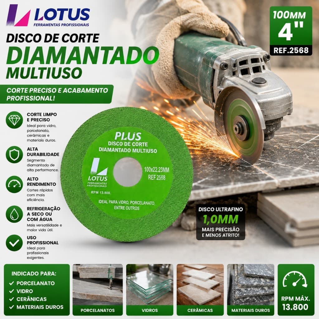 DISCO DE CORTE DIAMANTADO MULTIUSO 100x22x1MM PLUS 2568 LOTUS