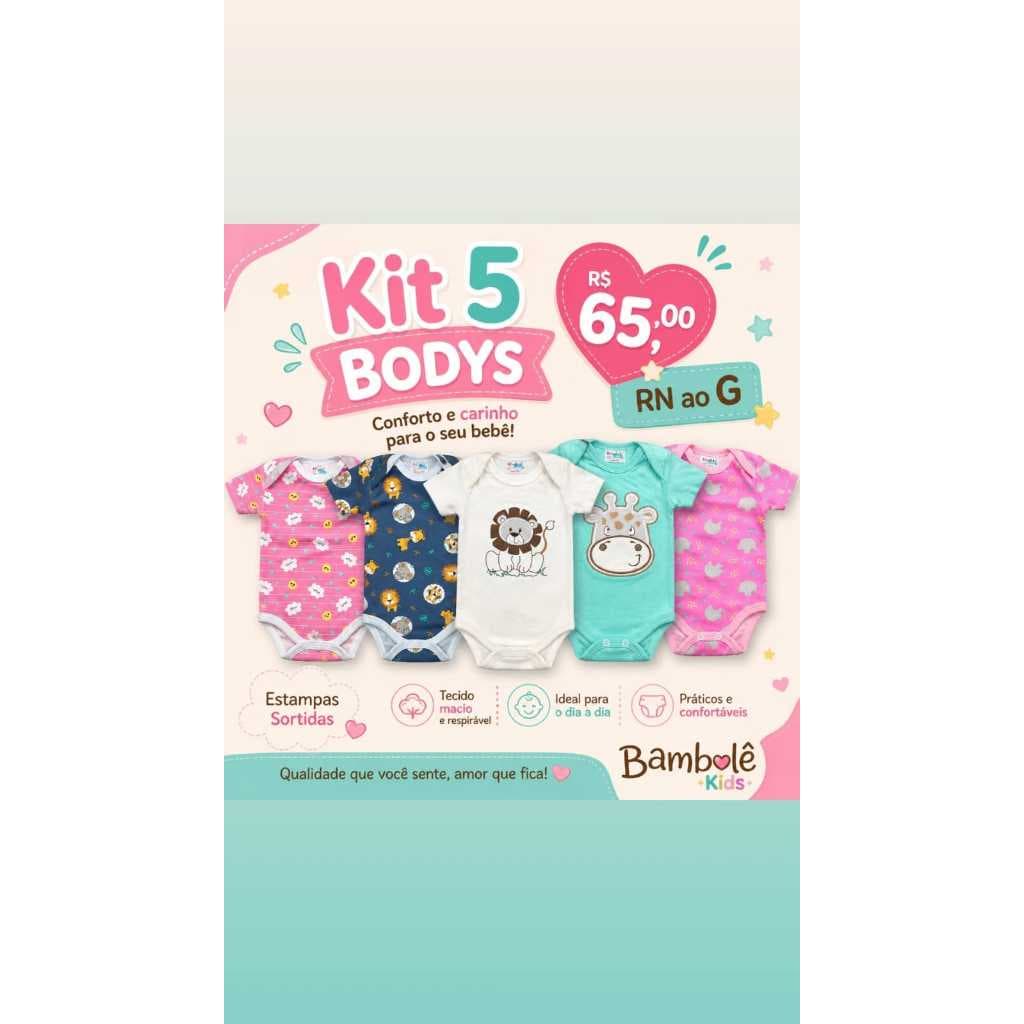Kit 5 Bodys Enxoval Menina Meninos e Unissex