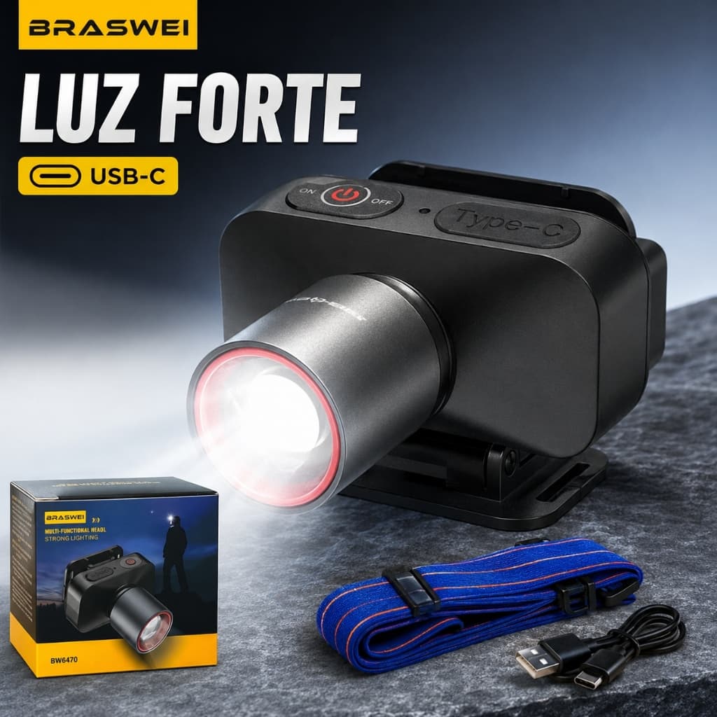 Lanterna de Cabeça LED Recarregável USB-C Luz Forte para Camping BRASWEI BW6470