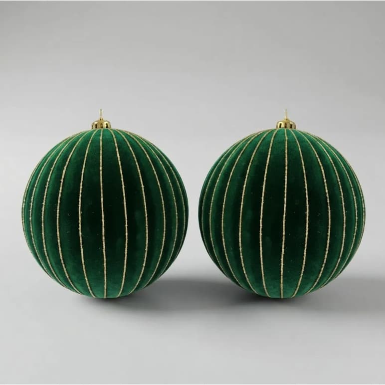 Bola de Natal 20cm Veludo Verde 2 Peças Listras Douradas Luxo Arvore de Natal Decoração