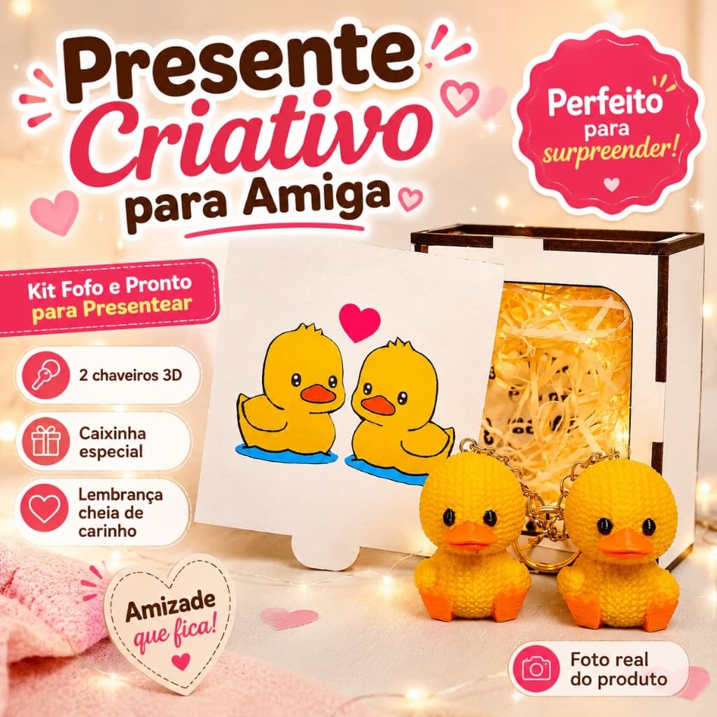 Kit Presente para Amiga com 2 Chaveiros de Patinho e Caixa MDF