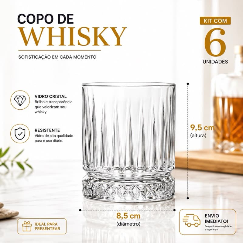 Kit Jogo 6 Copos de Vidro Lapidado Esplendor Uisque  380ml Bebidas Drink Mesa Festa Restaurante Bar